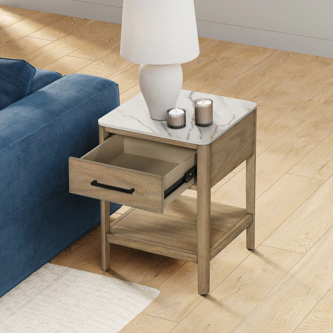 Loxley Rowe Mindi End Table with Stone Tabletop and Drawer