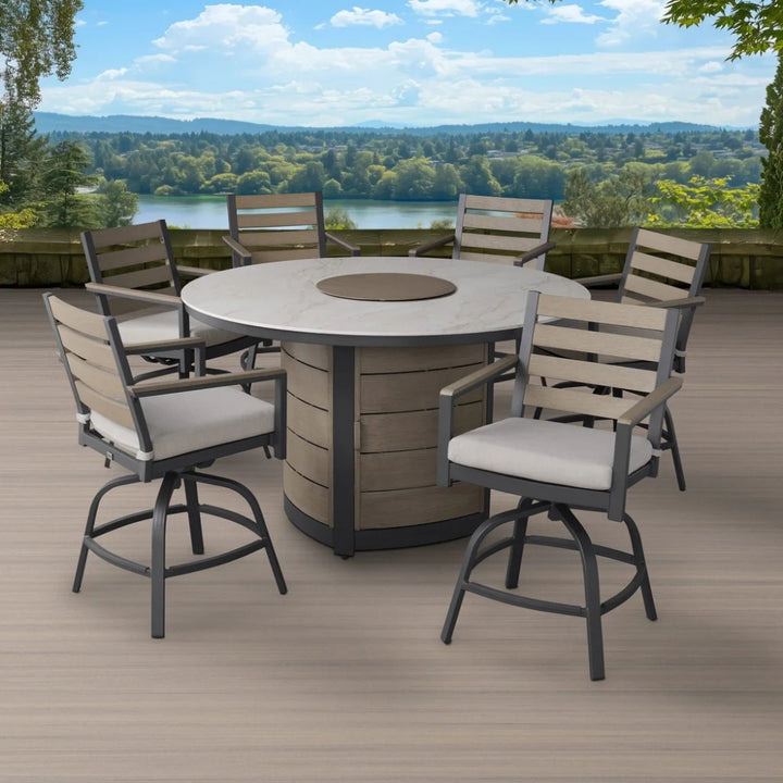 Nicolet - Outdoor Dining Set with Fire Pit Table, 7 Pieces
