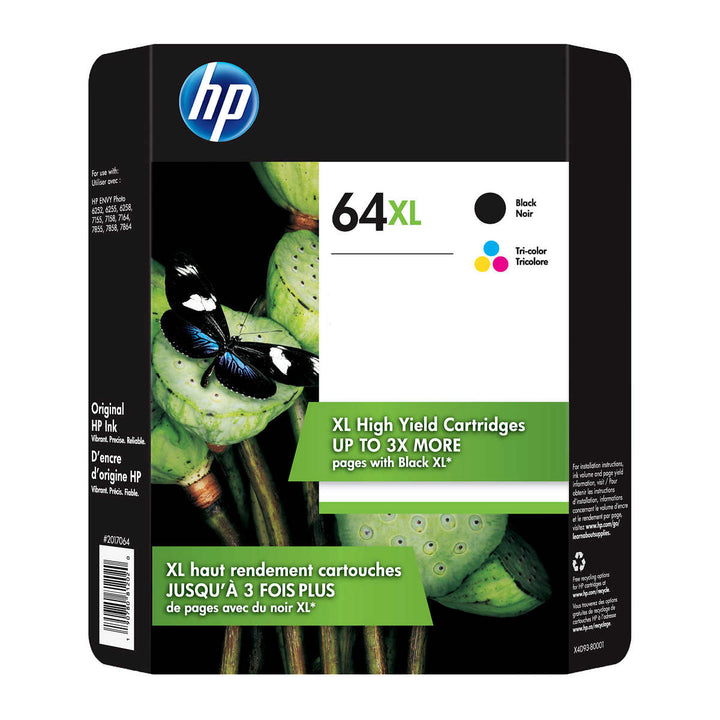 HP 64XL High Yield Black and Tri-color Ink Cartridges (X4D93BN) 
