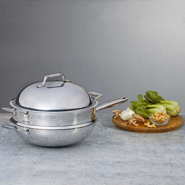 Linkfair 12.5" Wok with Steamer and Lid - Stainless Steel