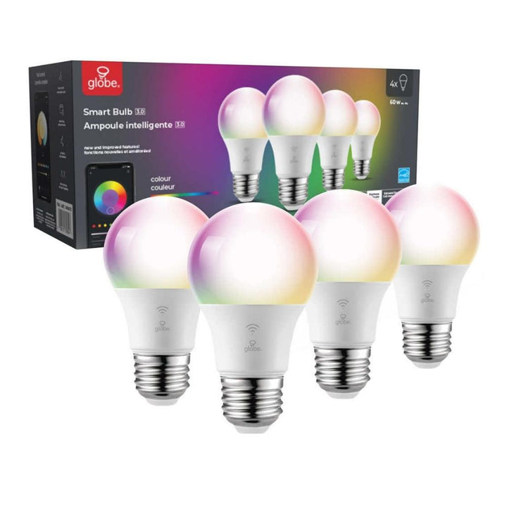 Globe Electric - 4 ampoules A19 intelligentes Wi-Fi multicolores à DEL
