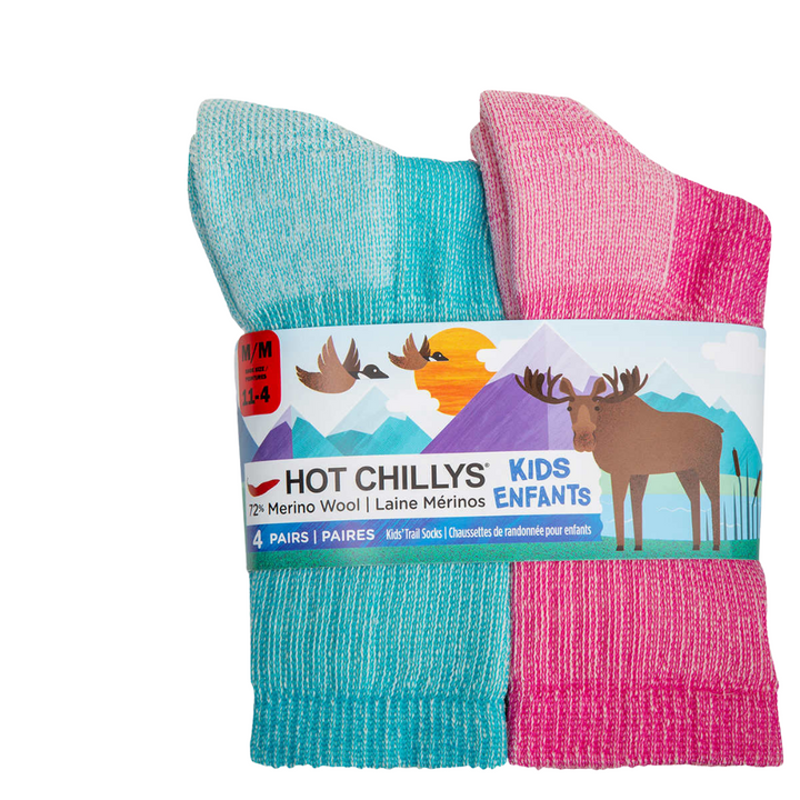 Hot Chillys Kids Hiking Socks, 4 Pair Pack